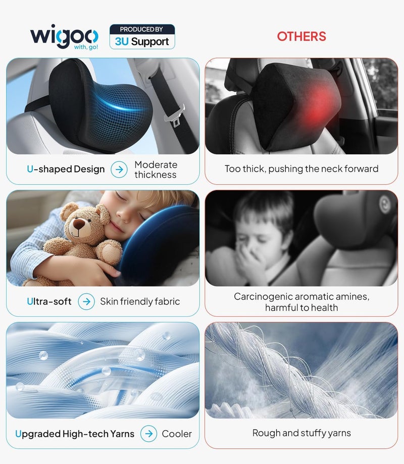 Wigoo 2026 Upgrade Car Neck Pillow [No More Pressure, Odorless] Soft Car Headrest Pillow with Adjustable Strap Removable Cover 100% Memory Foam, Fits All Vehicles (Black 2-Pack) - Image 3